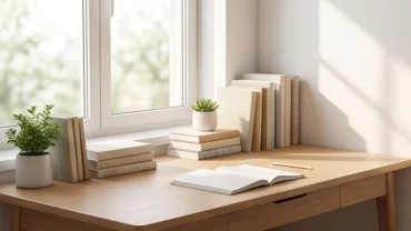 Bàn học thông thoáng kê gần cửa sổ đón ánh sáng tự nhiên được bố trí theo đúng hướng bàn học cho trẻ tuổi Giáp Ngọ 2014
