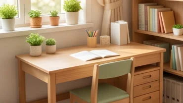 Góc học tập với hướng bàn học cho trẻ tuổi Giáp Thìn 2024 ngập tràn ánh sáng tự nhiên và cây xanh
