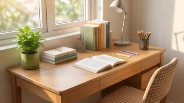 Bàn học bằng gỗ tự nhiên kê tại góc Tây đón ánh sáng tự nhiên chuẩn hướng bàn học cho trẻ tuổi kỷ hợi 2019