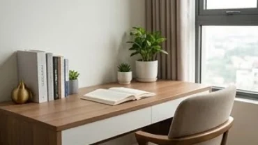 Góc học tập được bố trí chuẩn hướng bàn học hợp tuổi mão với ánh sáng tự nhiên và cây xanh phong thủy