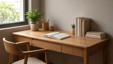 Góc học tập với bàn gỗ tự nhiên kê sát tường đón ánh sáng, thiết kế chuẩn hướng bàn học hợp tuổi Mùi