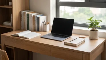 Không gian bàn học ngăn nắp với ánh sáng tự nhiên được bố trí chuẩn hướng bàn học hợp tuổi thìn