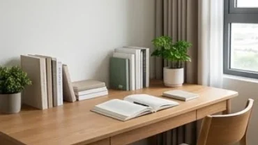 Không gian làm việc và học tập được bố trí chuẩn phong thủy theo hướng bàn học hợp tuổi tuất với ánh sáng tự nhiên