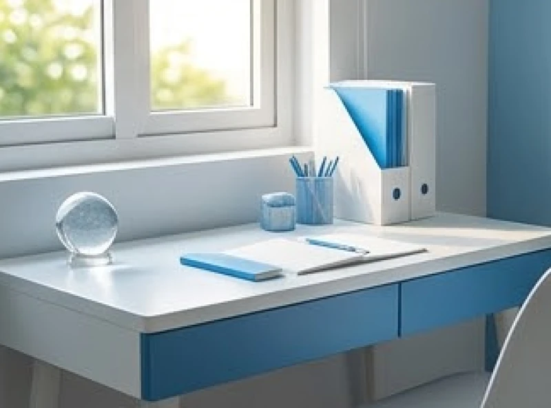 Bàn học bố trí chuẩn phong thủy với tông màu xanh dương và thạch anh trắng giúp kích thích sự minh mẫn