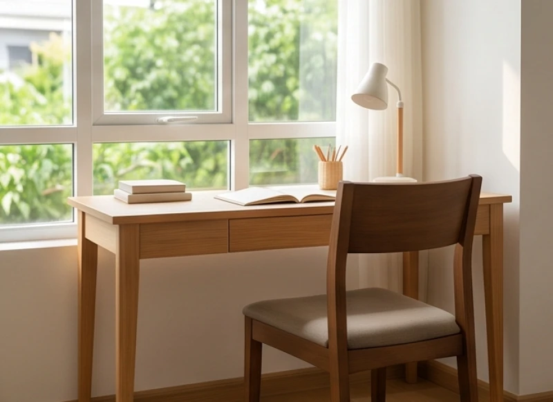Bàn học được kê quay về hướng đón ánh sáng tự nhiên với mặt lưng ghế dựa sát vào bức tường vững chãi