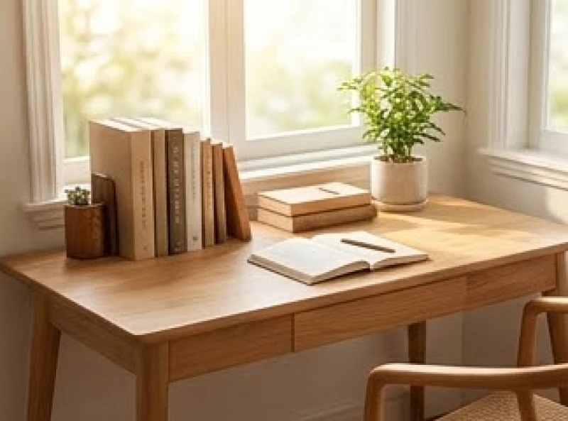 Góc học tập bằng gỗ tự nhiên được bố trí gọn gàng và ngập tràn ánh sáng ban mai