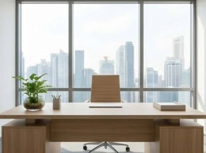Bàn làm việc bằng gỗ tự nhiên đặt cạnh cửa sổ lớn đón ánh sáng, được hướng về phương vị Sinh Khí đắc địa
