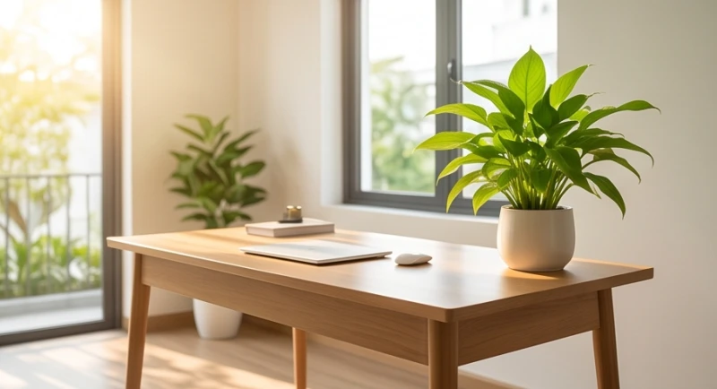 Bàn làm việc gỗ được kê xoay về hướng Sinh Khí đón trọn vẹn ánh sáng tự nhiên và năng lượng cát lợi