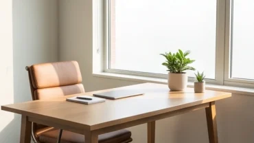 Bàn làm việc bằng gỗ sồi hướng ra cửa sổ ngập nắng, bố trí chuẩn hướng bàn làm việc hợp tuổi tý đón tài lộc