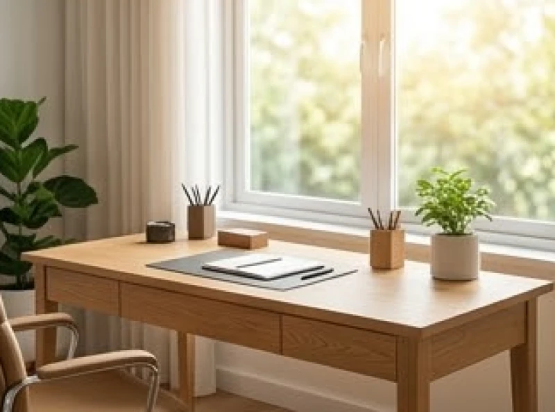 Bàn làm việc gọn gàng bằng gỗ sồi hướng ra cửa sổ đón ánh sáng tự nhiên