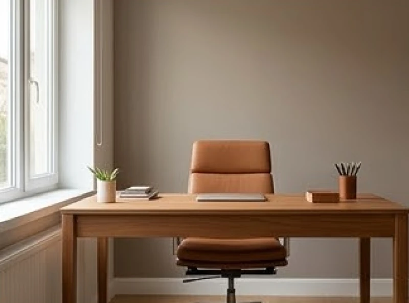 Bàn làm việc bằng gỗ được bố trí ngăn nắp với điểm tựa vững chắc sau lưng hướng về phía Tây Nam