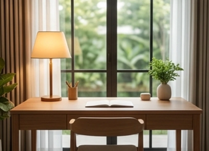 Bàn làm việc bằng gỗ trang bị đèn đọc sách ánh sáng vàng ấm áp được đặt quay mặt ra khung cửa sổ