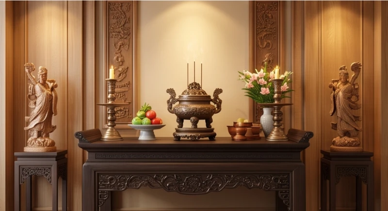 Phòng thờ trang nghiêm với bàn thờ gia tiên đặt tại tọa độ đại cát mang lại sự thanh tịnh tuyệt đối