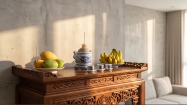 Không gian thờ cúng trang nghiêm được bố trí hướng bàn thờ hợp tuổi hợi với án gian gỗ tự nhiên đón ánh sáng