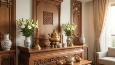 Không gian bàn thờ gia tiên bằng gỗ tự nhiên được bài trí trang nghiêm đúng hướng bàn thờ hợp tuổi Mùi
