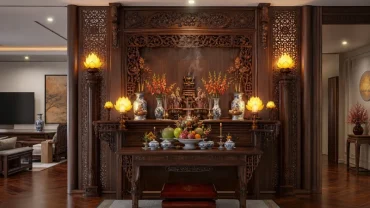 Không gian thờ cúng gia tiên được bố trí hướng bàn thờ hợp tuổi ngọ trang nghiêm chuẩn phong thủy