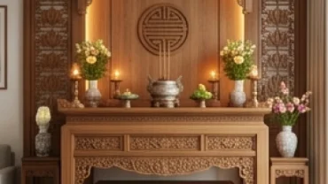 Bàn thờ gia tiên bằng gỗ tự nhiên được bố trí trang nghiêm theo hướng bàn thờ hợp tuổi thân trong phòng khách hiện đại