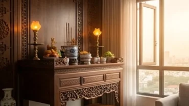 Bàn thờ gia tiên bằng gỗ tự nhiên được bài trí trang nghiêm đúng hướng bàn thờ hợp tuổi tuất trong ngôi nhà Việt