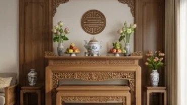 Bàn thờ gia tiên chạm khắc tinh xảo được bài trí chuẩn hướng bàn thờ hợp tuổi tỵ để hút tài lộc