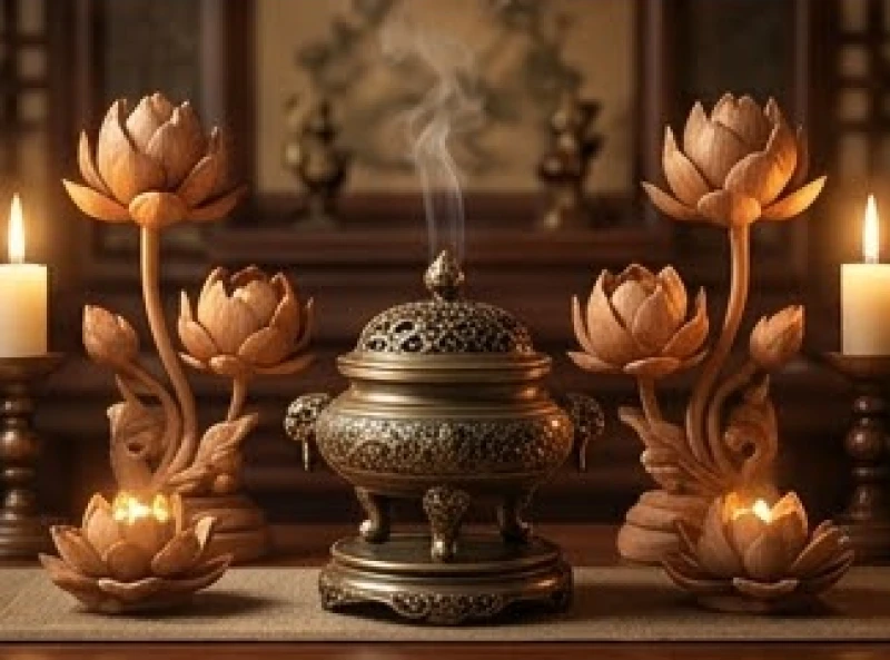Tử vi trọn đời tuổi Kỷ Tỵ 1989 nam mạng: Mốc vận hạn và hóa giải 9 Không gian thờ cúng trang nghiêm với lư hương bằng đồng và hoa sen chạm khắc tinh xảo bằng gỗ