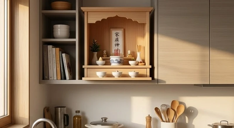 Hướng bếp hợp tuổi Dần: Bảng tra chi tiết Nam Nữ & cách hóa giải 13 Bàn thờ Táo quân trang nghiêm gọn gàng được đặt trên góc cao của kệ tủ bếp
