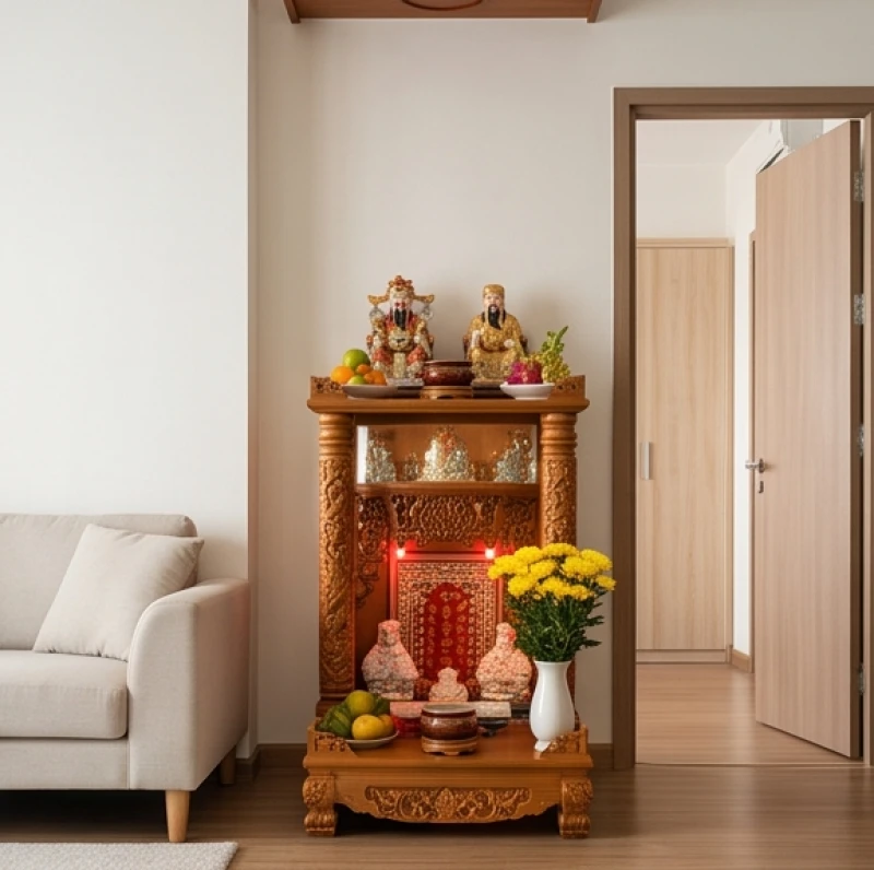 Cách bài trí bàn thờ Thần Tài cho tuổi Ngọ: sơ đồ và thủ tục 3 Bàn thờ Thần Tài được đặt ở góc phòng khách sát cửa chính hướng ra ngoài để đón sinh khí