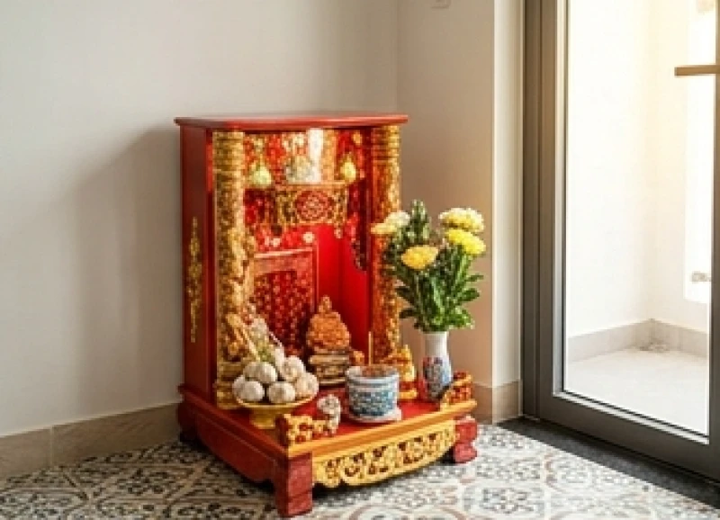Bàn thờ Thần Tài Thổ Địa được đặt sát mặt sàn nhà tại góc phòng và hướng thẳng ra cửa chính đón khách