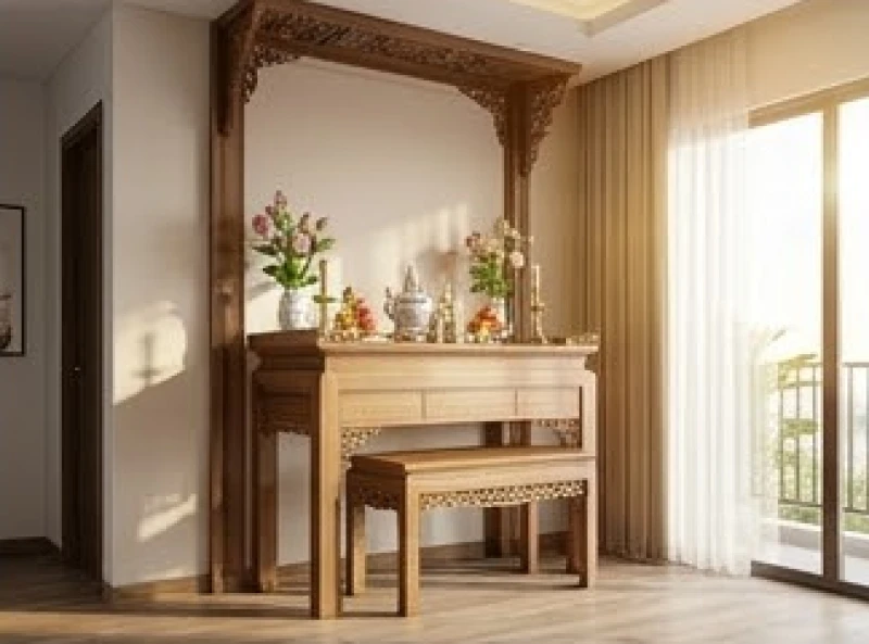 Phòng thờ được bố trí đón ánh sáng tự nhiên với hướng mặt bàn thờ chuẩn phong thủy tuổi Kỷ Tỵ