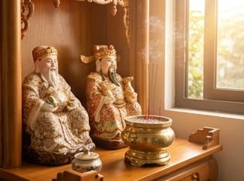 Cách bài trí bàn thờ Thần Tài cho tuổi Sửu: chuẩn hướng 5 nạp âm 3 Góc ban thờ Thần Tài Thổ Địa được chiếu sáng rực rỡ bởi ánh nắng ban mai từ hướng Đông mang lại sinh khí