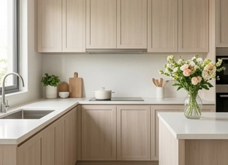 Thiết kế tủ bếp bằng gỗ sáng màu, kết hợp hài hòa với luồng sinh khí êm đềm dành cho nữ chủ nhân