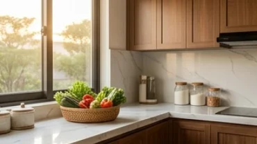 Không gian nhà bếp hiện đại được bố trí chuẩn phong thủy theo hướng bếp hợp tuổi tuất thu hút tài lộc