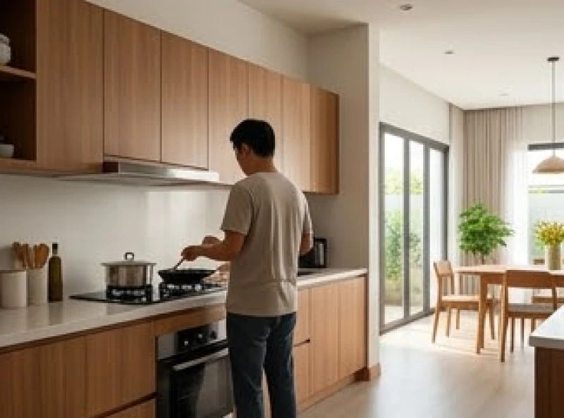 Người phụ nữ nấu ăn trong gian bếp hiện đại với lưng quay về hướng tốt
