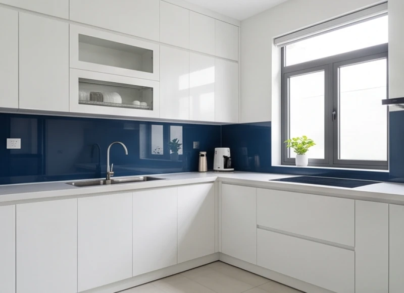 Không gian bếp hiện đại sử dụng tông màu xanh nước biển và trắng hợp mệnh Đại Hải Thủy