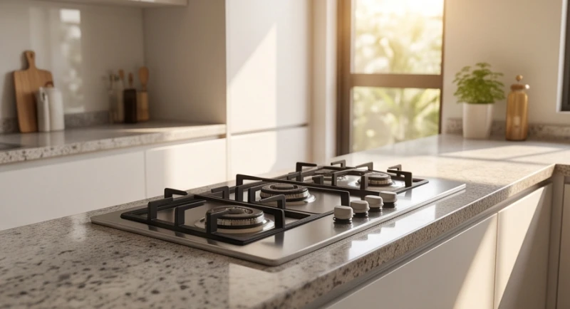 Bếp nấu hiện đại trong không gian gia đình được bố trí hợp lý theo nguyên tắc tọa hung hướng cát