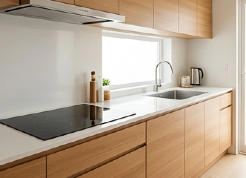 Căn bếp hiện đại duy trì khoảng cách tiêu chuẩn giữa khu vực nấu và bồn rửa để tránh thủy hỏa tương xung