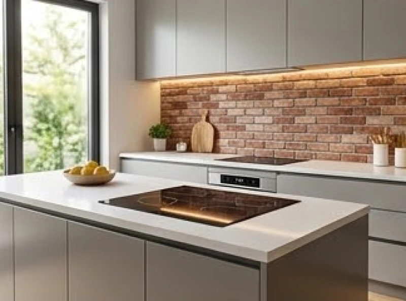 Bố trí bếp nấu hiện đại với mặt điều khiển hướng ra ngoài và lưng tựa vào vách tường gạch trang trí