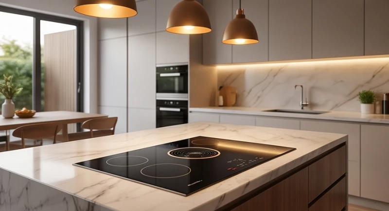 Bếp từ hiện đại được bố trí thông minh với bảng điều khiển quay về hướng sinh khí của gia chủ