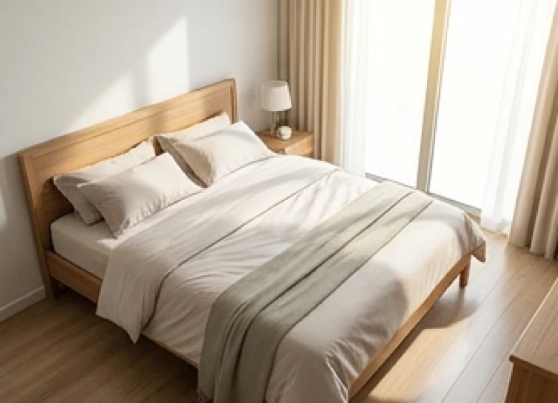 Giường ngủ gỗ với phần chân hướng về phía cửa sổ thông thoáng đón ánh sáng tự nhiên