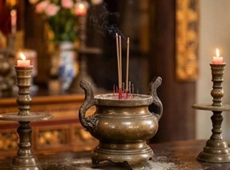 Văn khấn Đền Cô Chín Giếng: Bài cúng chuẩn và trình tự dâng lễ 11 Bát hương trầm trên ban thờ với những nén hương đã cháy được hơn hai phần ba thân tỏa khói mờ ảo