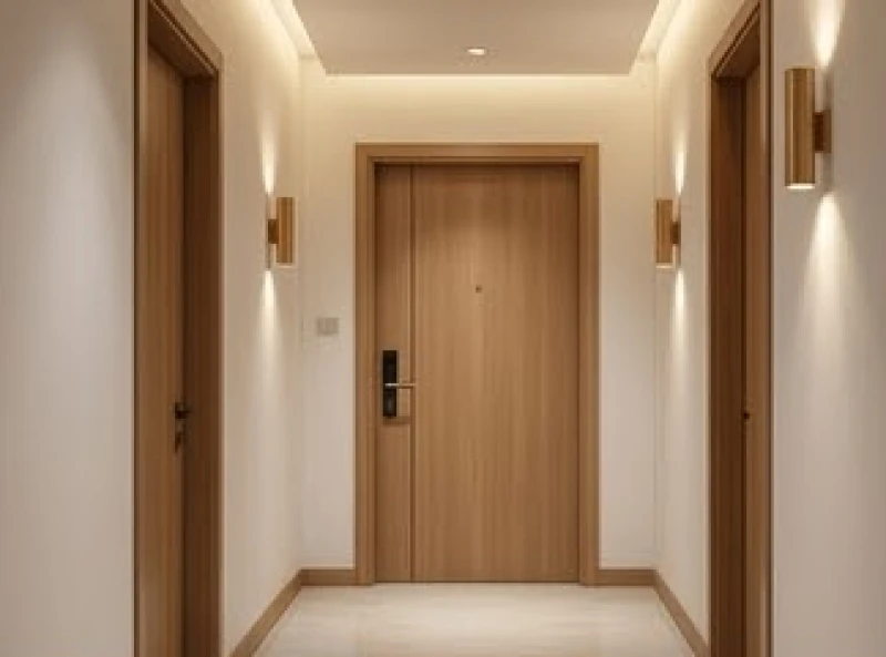 Cửa chính bằng gỗ công nghiệp của một căn hộ chung cư hiện đại nhìn từ hành lang