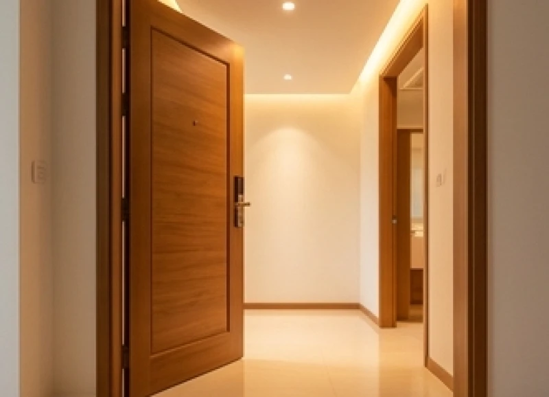 Cửa chính bằng gỗ mở ra từ hành lang căn hộ chung cư cao cấp đón luồng không khí