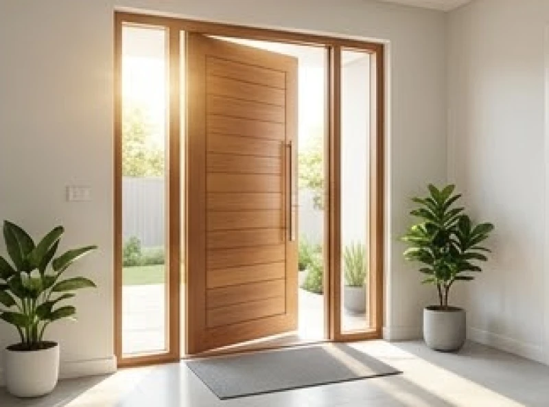 Cửa chính bằng gỗ tự nhiên mở rộng đón những tia nắng ban mai ấm áp vào sảnh nhà hiện đại