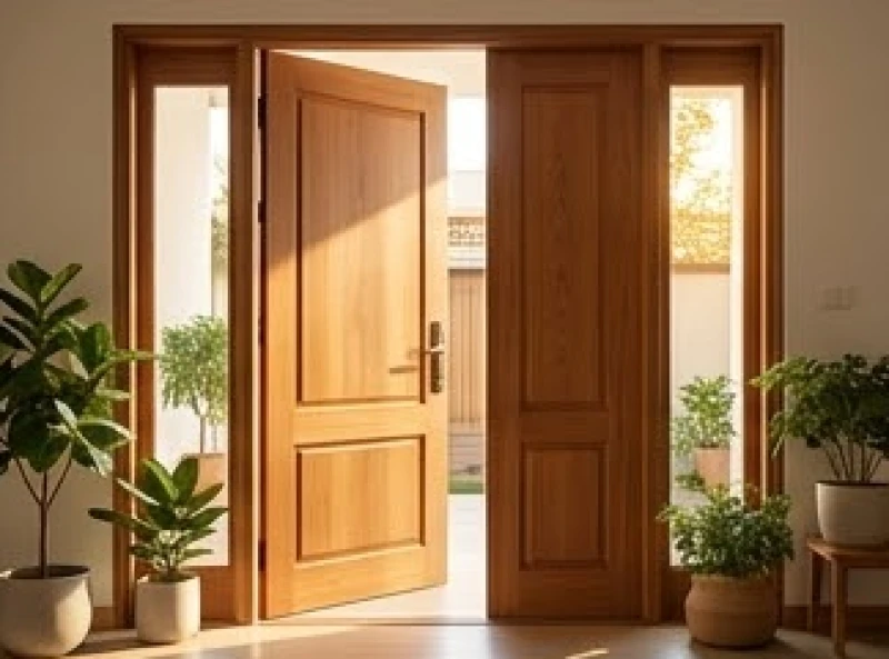 Cửa chính bằng gỗ tự nhiên mở rộng đón luồng ánh sáng mặt trời rực rỡ từ hướng Đông Nam
