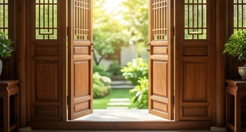 Cửa chính bằng gỗ mở rộng đón ánh nắng ban mai rực rỡ tượng trưng cho hướng nhà Sinh Khí