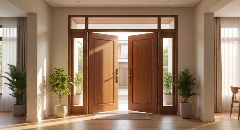 Không gian sảnh trước cửa chính của một ngôi nhà khang trang với ánh sáng tự nhiên tràn ngập
