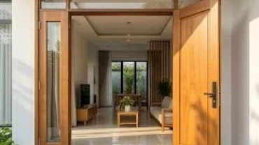 Cửa chính bằng gỗ tự nhiên mở ra không gian ngập tràn ánh sáng thể hiện hướng cửa chính hợp tuổi Dậu