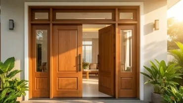 Cửa chính bằng gỗ tự nhiên mở rộng đón ánh sáng mặt trời thể hiện hướng cửa chính hợp tuổi Tý