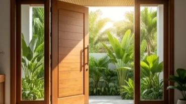 Cửa chính bằng gỗ tự nhiên mở rộng đón ánh sáng mặt trời thể hiện hướng cửa chính hợp tuổi tỵ thu hút vượng khí
