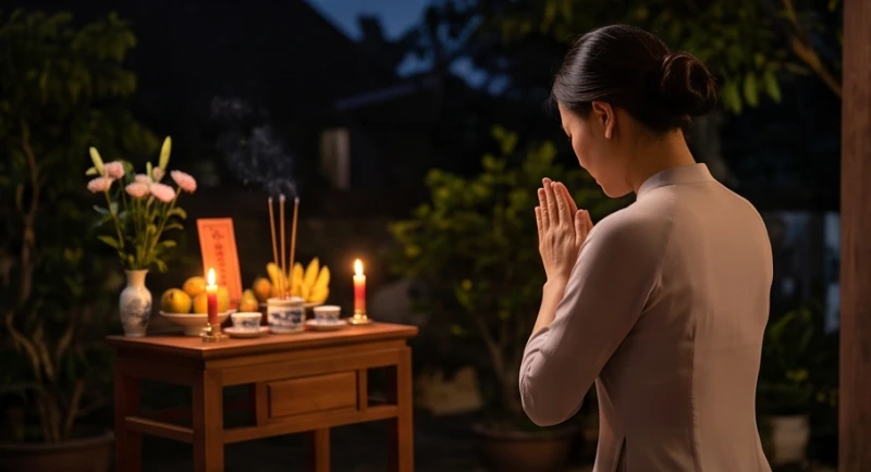Cách hóa giải vận hạn cho tuổi Thân: cúng lễ và vật phẩm 4 Gia chủ thành tâm vái lạy trước mâm cúng giải hạn đặt ngoài hiên nhà vào ban đêm