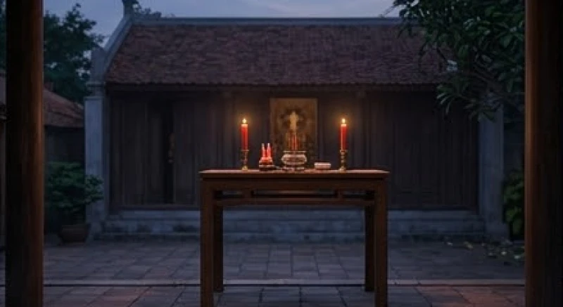 Bàn cúng đơn giản được đặt ở khoảng sân nhỏ hướng về phía Nam với ánh đèn mờ ảo